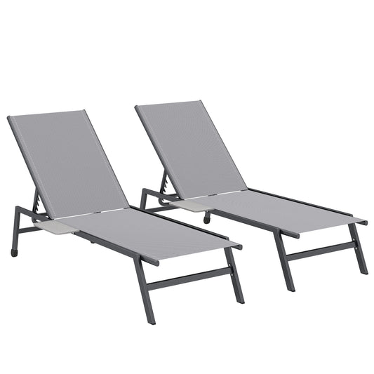 Photo of Outsunny Sun Loungers Set of 2 with Side Tray Table, Garden Recliners with 5-Position Adjustable Backrest, 2 Wheels, Grey in Grey colour on a white background