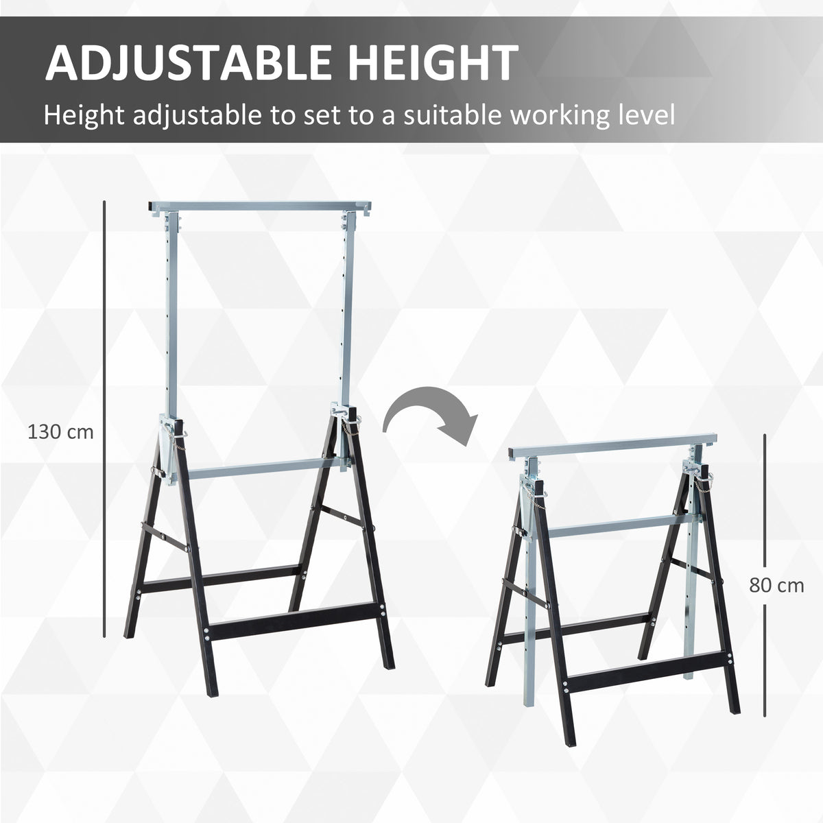 Adjustable steel trestle shown at maximum and minimum working heights