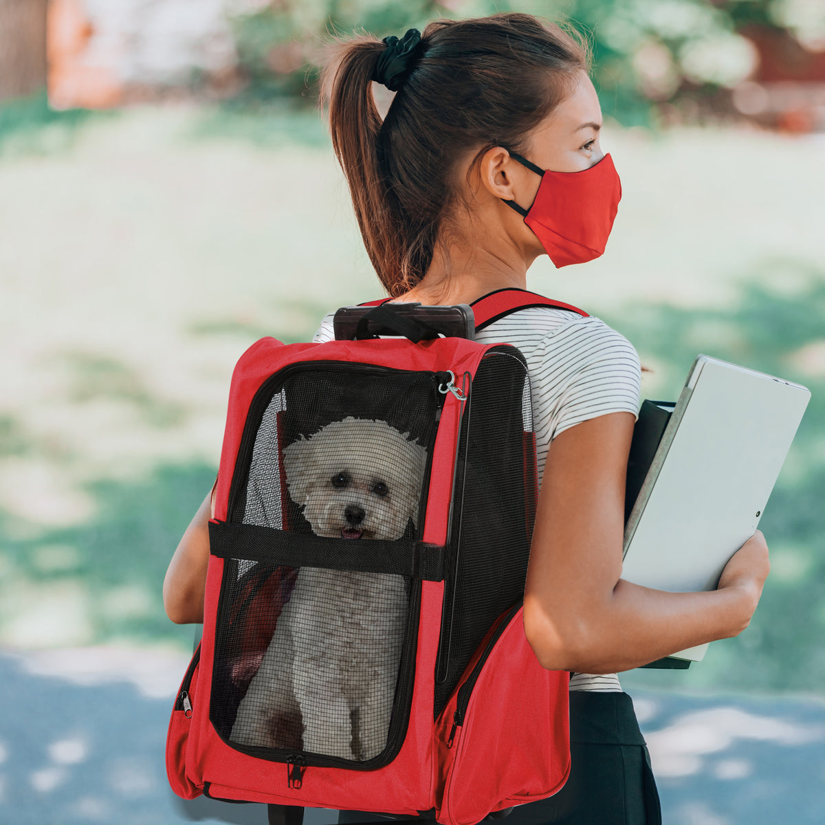 PawHut 2 in 1 Dog Backpack and Trolley, Pet Travel Backpack Cat Dog Carrier with Telescopic Handle, Portable Pet Stroller Wheel Luggage Bag (Red)
