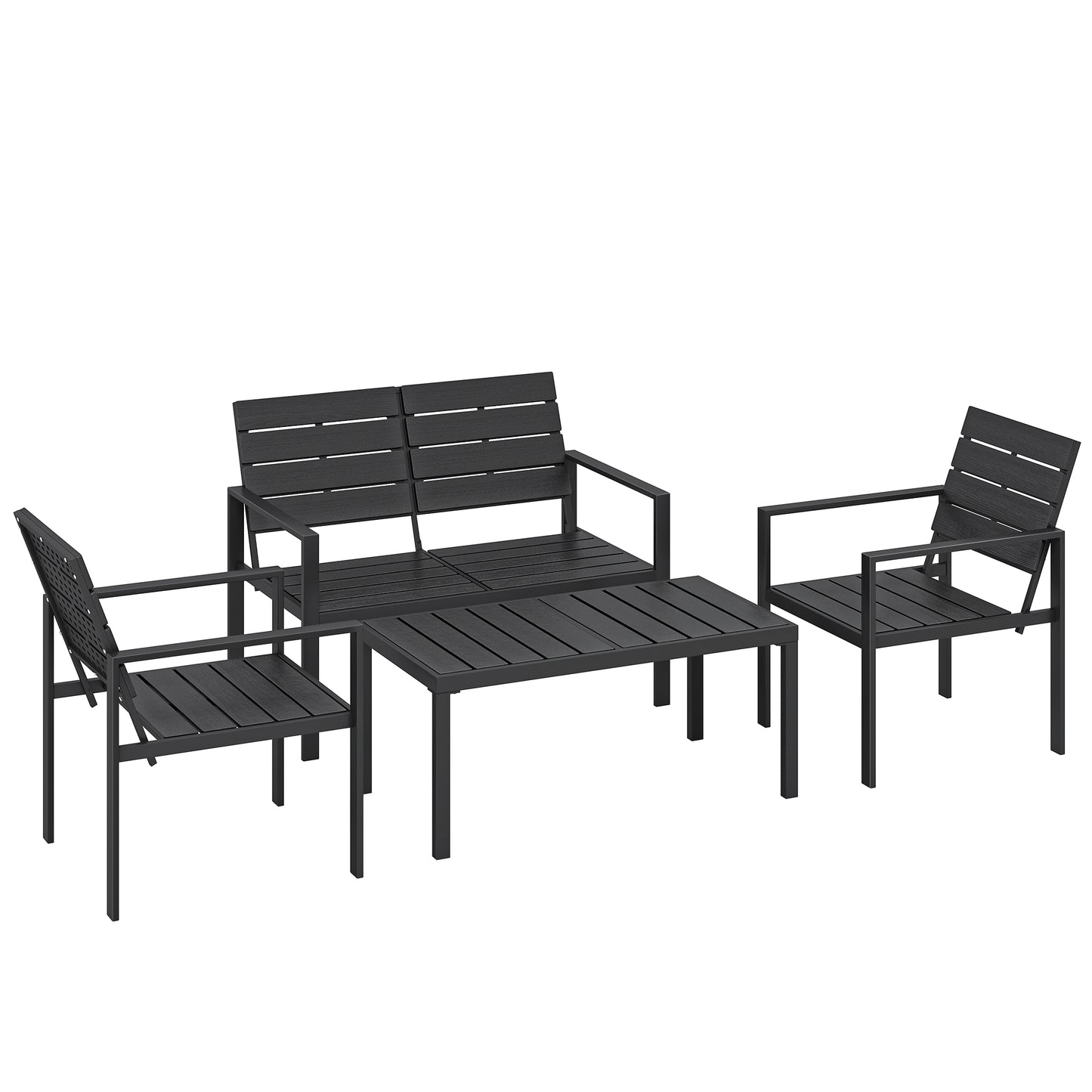 Photo of Outsunny 4 Piece Garden Furniture Set, Outdoor Sofa Set with HDPE Slatted Loveseat Armchairs Coffee Table Metal Frame, Black in Black colour on a white background