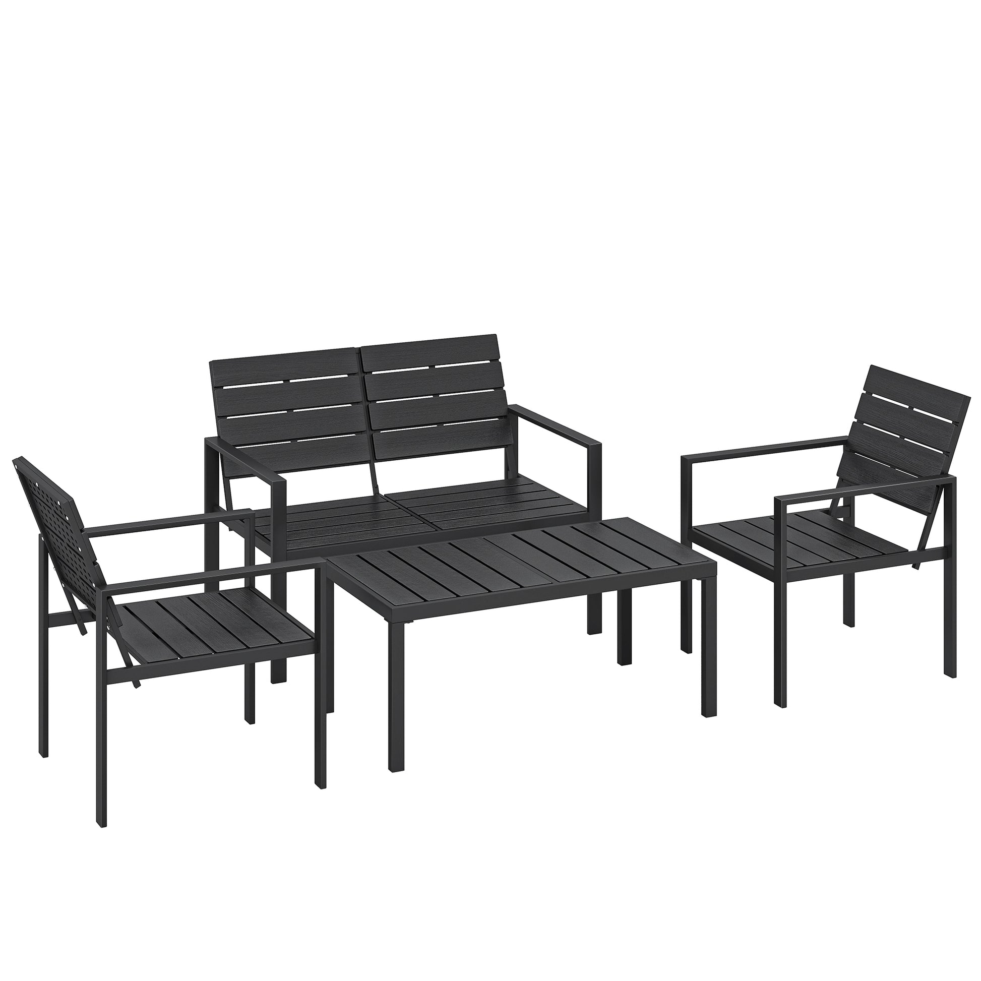 Photo of Outsunny 4 Piece Garden Furniture Set, Outdoor Sofa Set with HDPE Slatted Loveseat Armchairs Coffee Table Metal Frame, Black in Black colour on a white background