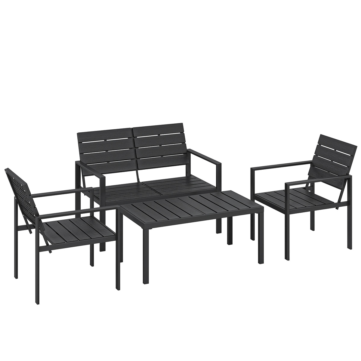 Photo of Outsunny 4 Piece Garden Furniture Set, Outdoor Sofa Set with HDPE Slatted Loveseat Armchairs Coffee Table Metal Frame, Black in Black colour on a white background