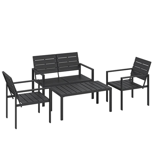 Photo of Outsunny 4 Piece Garden Furniture Set, Outdoor Sofa Set with HDPE Slatted Loveseat Armchairs Coffee Table Metal Frame, Black in Black colour on a white background