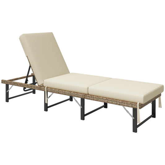 Photo of Outsunny Single Folding Rattan Sun Lounger, with Cushion - Grey in Grey colour on a white background