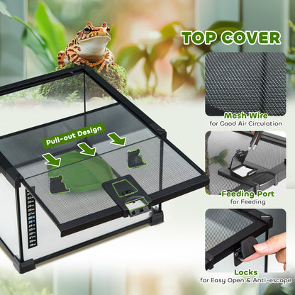 Glass terrarium with mesh top, pull-out feeding port, and locking clips.