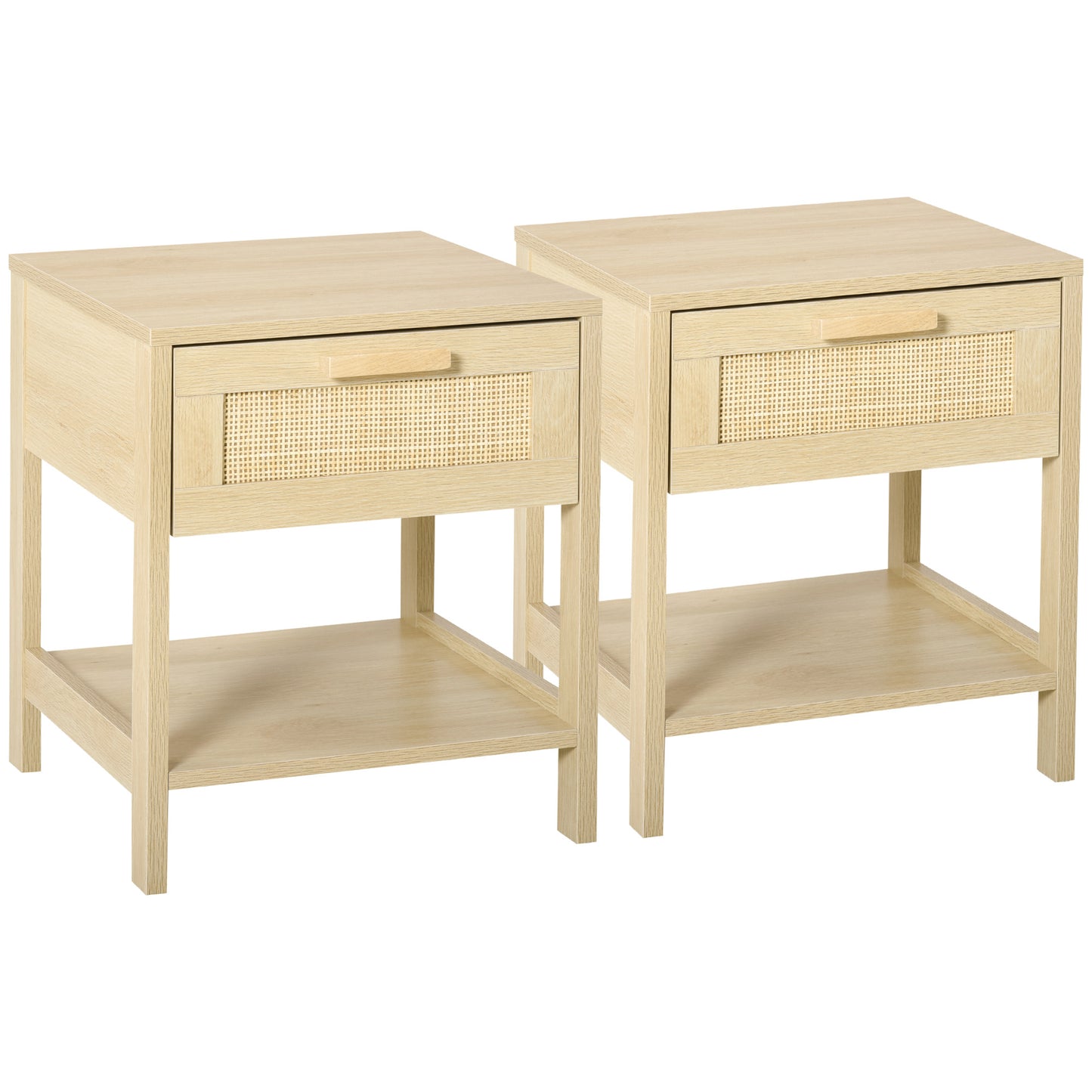 Photo of HOMCOM Bedside Table Set of 2 with Rattan Drawer, Rustic Side Tables with Storage Shelf for Bedroom, Living Room, Natural in Natural colour on a white background