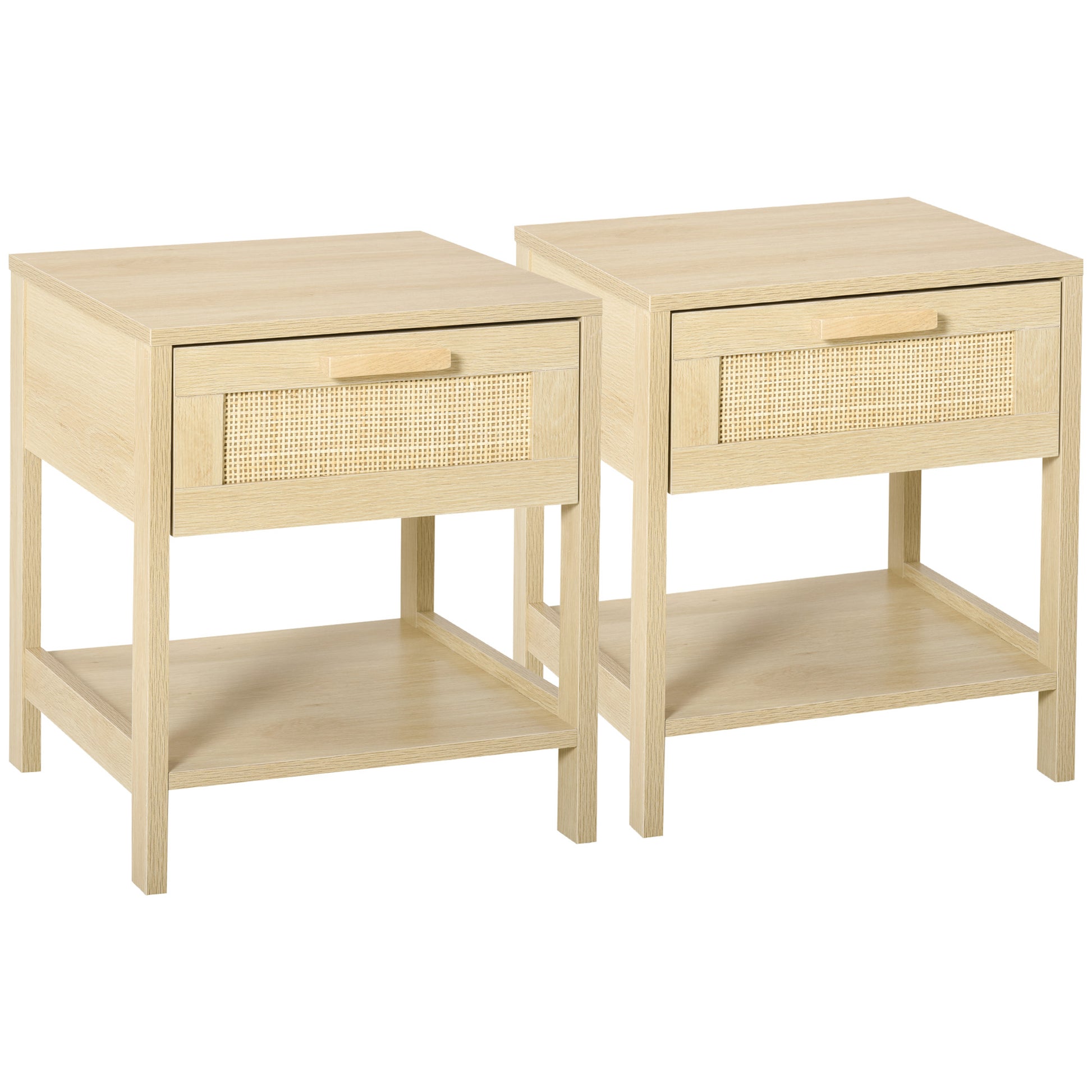 Photo of HOMCOM Bedside Table Set of 2 with Rattan Drawer, Rustic Side Tables with Storage Shelf for Bedroom, Living Room, Natural in Natural colour on a white background