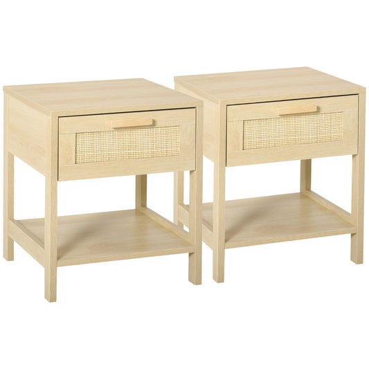Photo of HOMCOM Bedside Table Set of 2 with Rattan Drawer, Rustic Side Tables with Storage Shelf for Bedroom, Living Room, Natural in Natural colour on a white background
