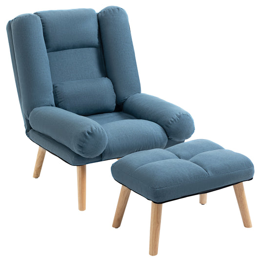 Photo of HOMCOM Recliner Chair with Footstool, Recliner Armchair with Adjustable Backrest, Thick Cushion and Wooden Legs, Blue in Blue colour on a white background