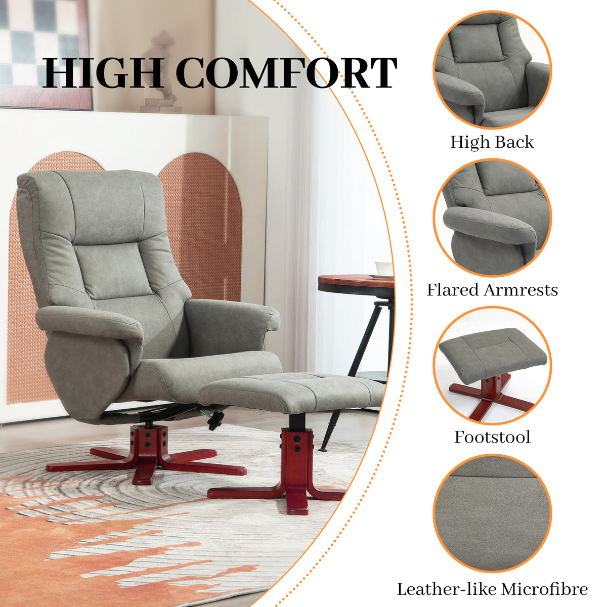Grey recliner and footstool set with flared arms and leather-like microfibre upholstery