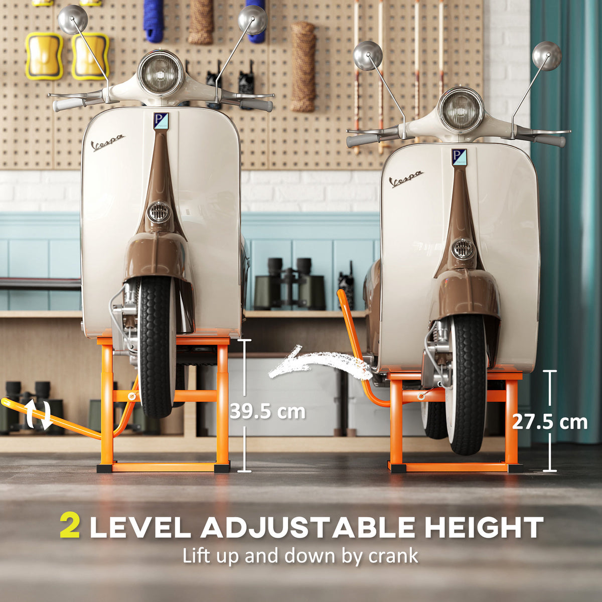 DURHAND orange adjustable motorbike lift shown at two height settings