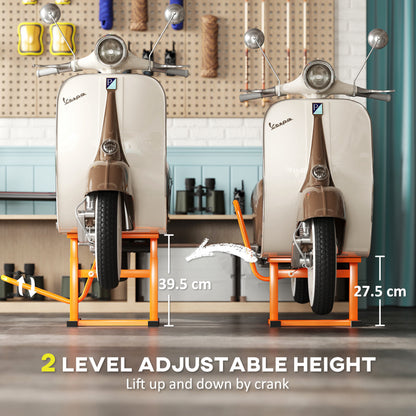 DURHAND orange adjustable motorbike lift shown at two height settings