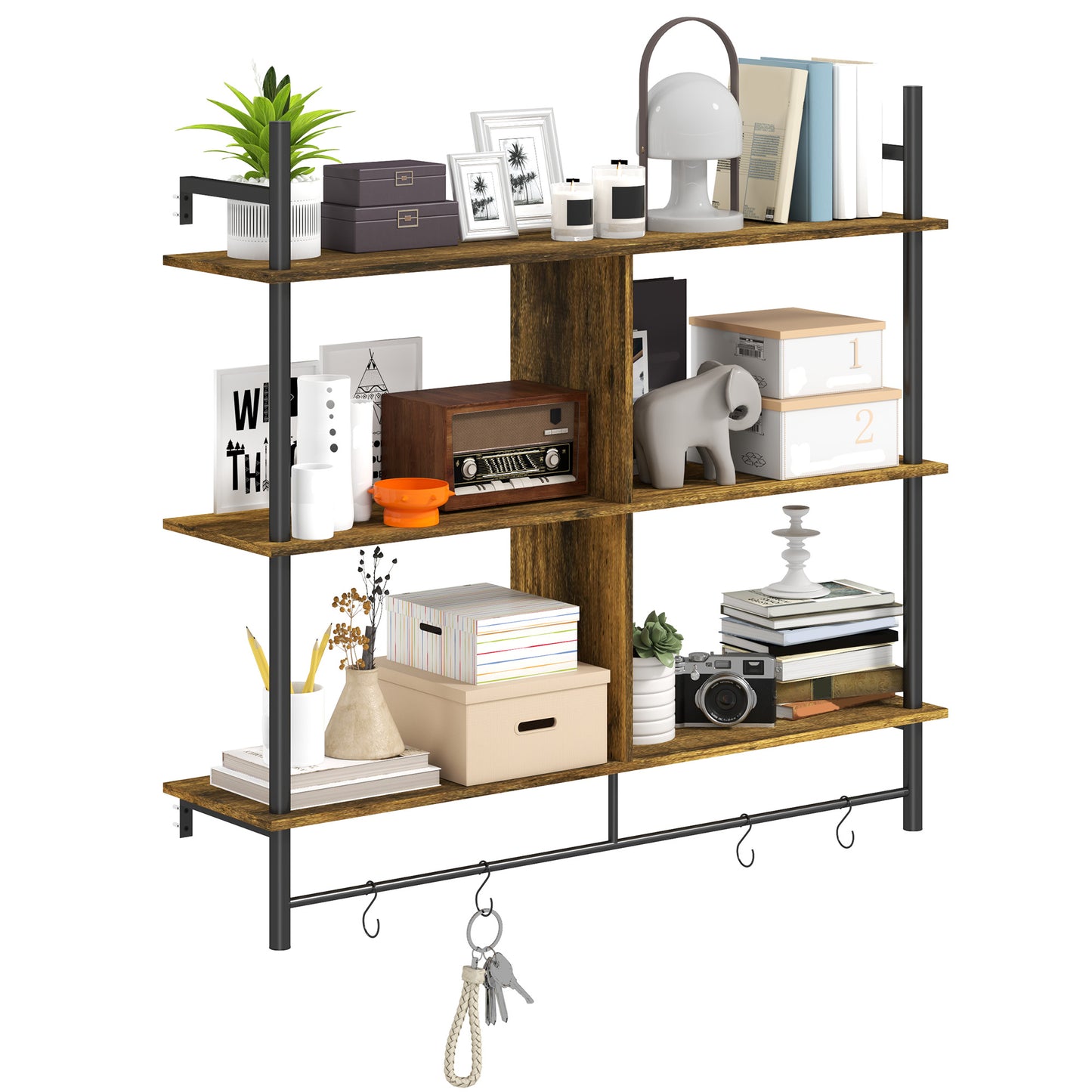 Photo of HOMCOM Three-Tier Floating Shelf - Brown/Black in Brown/Black colour on a white background