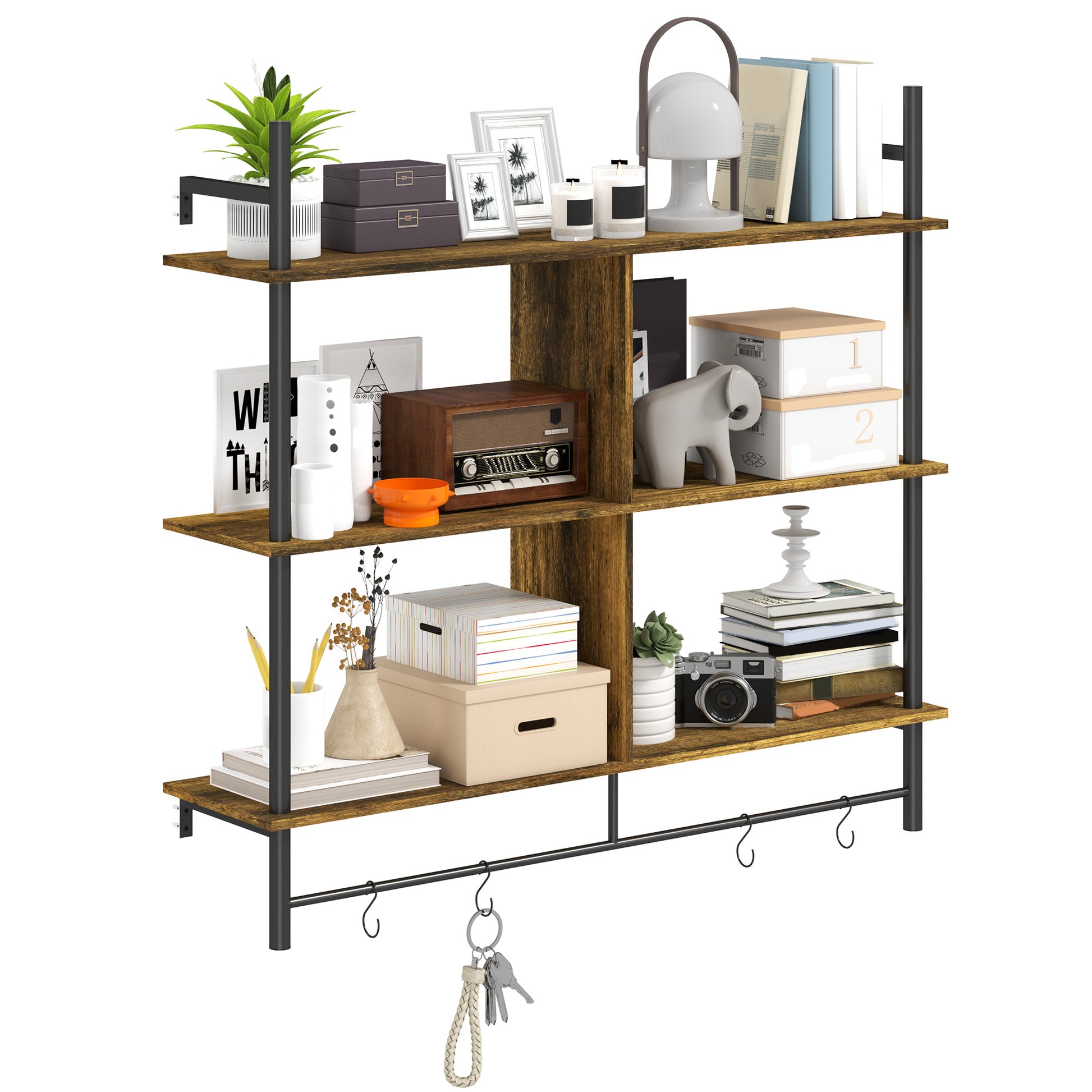 Photo of HOMCOM Three-Tier Floating Shelf - Brown/Black in Brown/Black colour on a white background