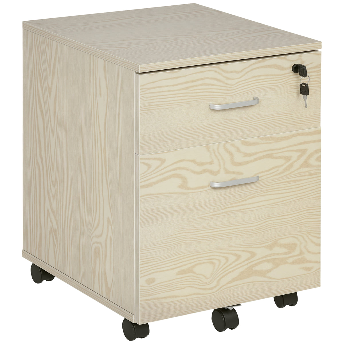 Two-drawer rolling filing cabinet in light oak grain with lock, silver handles, and five wheels