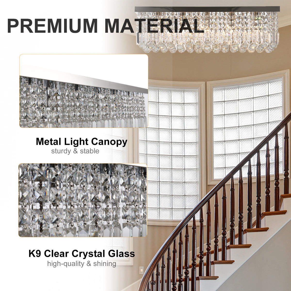 HOMCOM Modern Crystal Ceiling Light Square Crystal Chandelier for Living Room, Dining Room, Hall, 5 x E14 Lamp Holders, Silver, 80 x 25 x 23cm