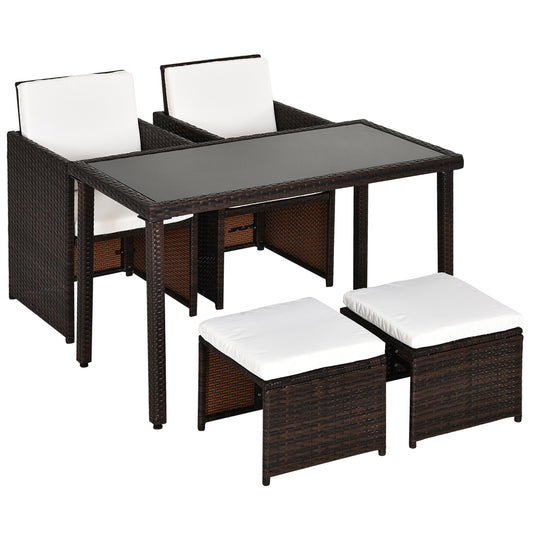 Photo of Outsunny 2 Seater Rattan Cube Garden Furniture Set, Rattan Dining Set with Cushions, Outdoor Dining Table and Chairs with 2 Armchairs, 2 Stools, Rectangular Glass Top Table for Patio, Balcony, Brown in Brown colour on a white background