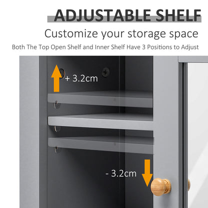 Gray wall mirror cabinet with adjustable interior shelves and wooden knob