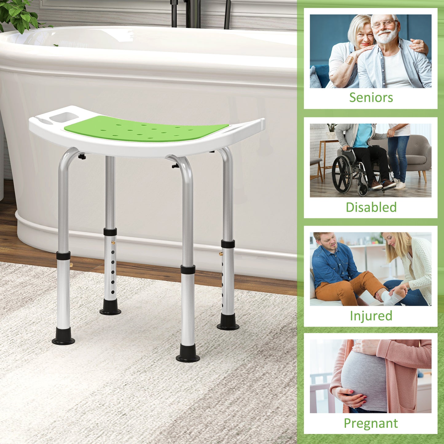 HOMCOM Shower Chair, Adjustable Height Shower Stool with Aluminium Frame and Non-Slip Feet, Bathtub Stool Seat with Padded Seat for Elderly Disabled Handicap, Green