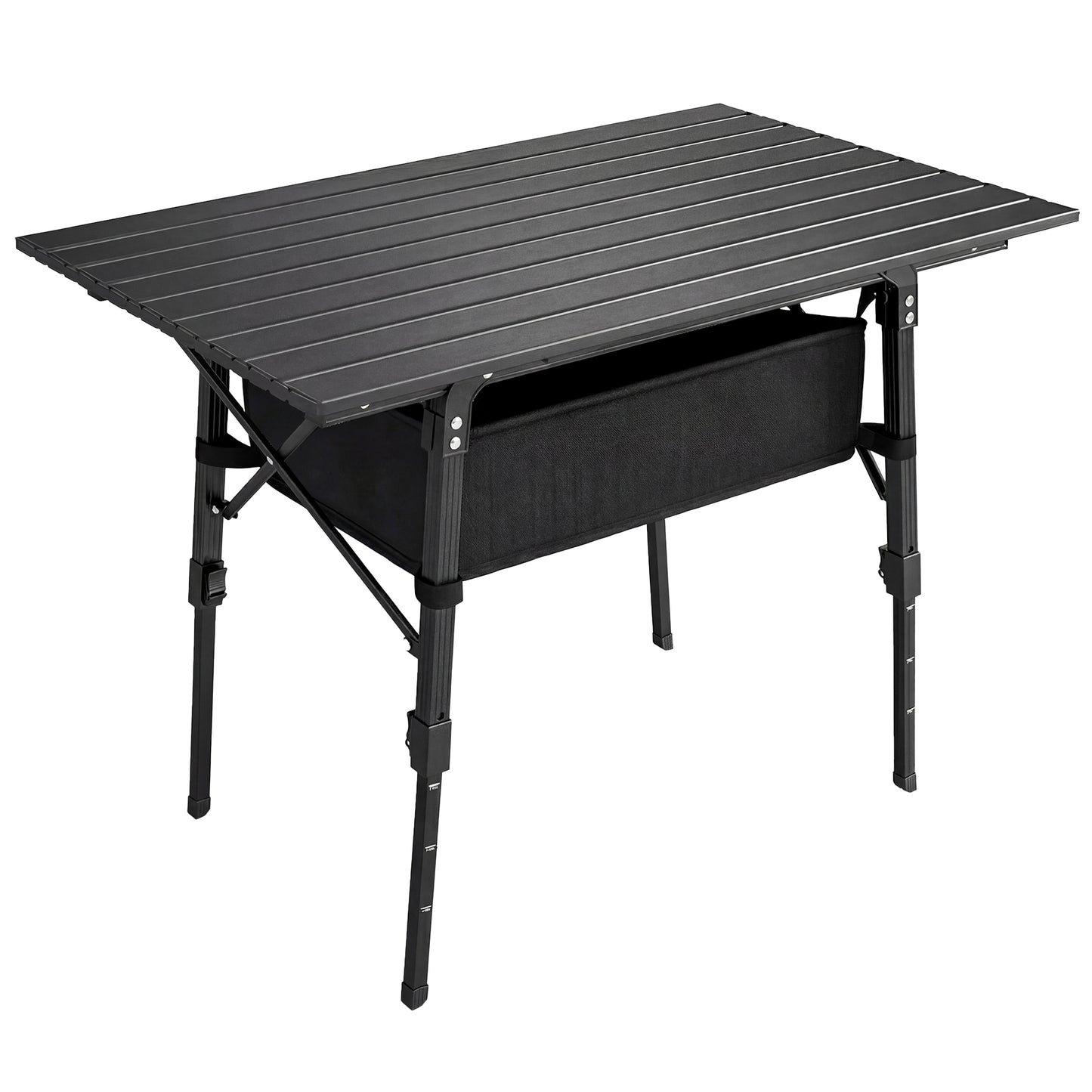 Photo of Outsunny Folding Camping Table, 90 x 55 cm Height Adjustable Portable Collapsible Table, 3ft Lightweight Aluminium Rollup Picnic Table with Storage Basket for Outdoor Garden Party BBQ, Black in Black colour on a white background