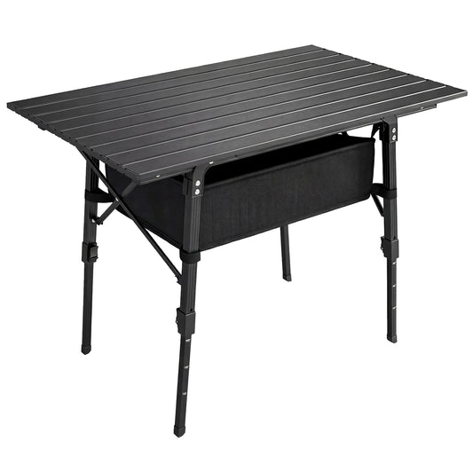 Photo of Outsunny Folding Camping Table, 90 x 55 cm Height Adjustable Portable Collapsible Table, 3ft Lightweight Aluminium Rollup Picnic Table with Storage Basket for Outdoor Garden Party BBQ, Black in Black colour on a white background