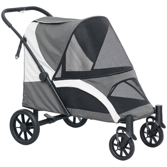 Photo of PawHut Foldable Pet Stroller for Large Dogs with 4 Big Wheels, Shock-Absorbing Frame, Safety Leashes, Brakes, Dark Grey in Grey colour on a white background