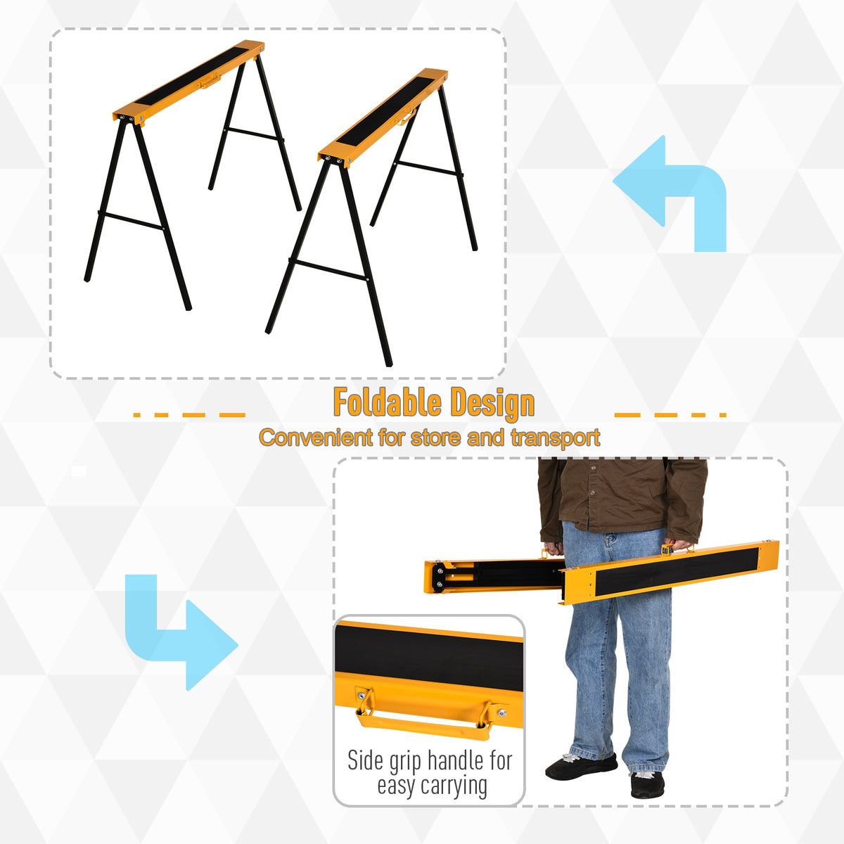 HOMCOM folding sawhorses shown folded for carrying and storage