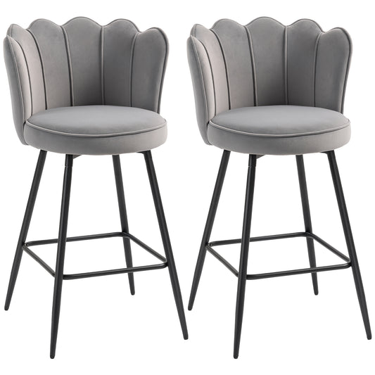 Photo of HOMCOM Set of Two Velvet-Feel Lotus Bar Stools - Grey in Grey colour on a white background