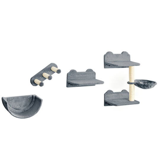 Photo of PawHut 4PCs Wall-Mounted Cat Shelves w/ Scratching Post, Hammock, Nest - Grey in Grey colour on a white background