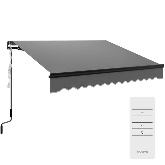 Photo of Outsunny 2.5 x 2m Electric Awning with LED Light and Remote Controller, Aluminium Frame DIY Retractable Awning, UV50+ Sun Shade Canopy for Garden Patio Deck Door Window, Dark Grey in Grey colour on a white background