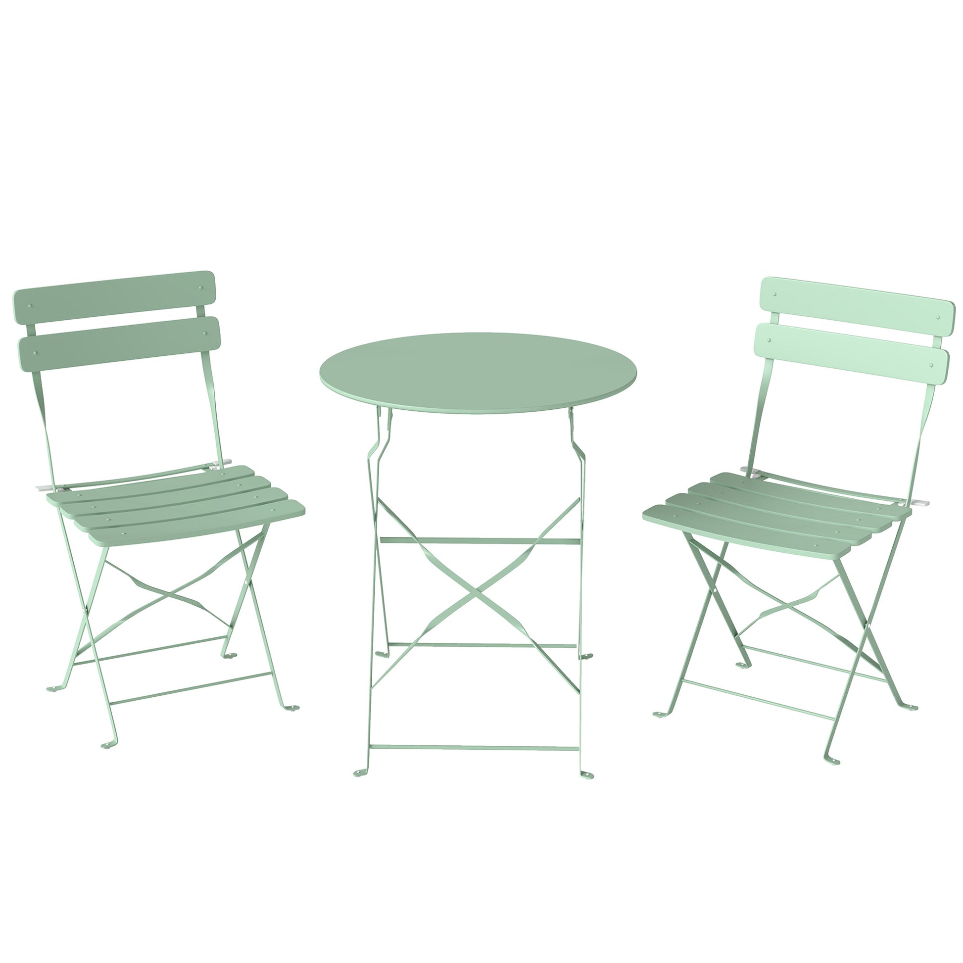 Photo of Outsunny Folding Garden Bistro Set, Outdoor Round Bistro Table and Chairs Set 2 with Electrophoresis Metal Frame, Light Green in Green colour on a white background