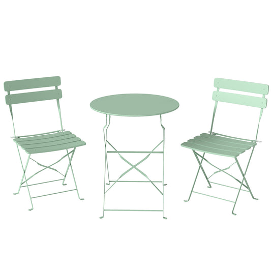 Photo of Outsunny Folding Garden Bistro Set, Outdoor Round Bistro Table and Chairs Set 2 with Electrophoresis Metal Frame, Light Green in Green colour on a white background