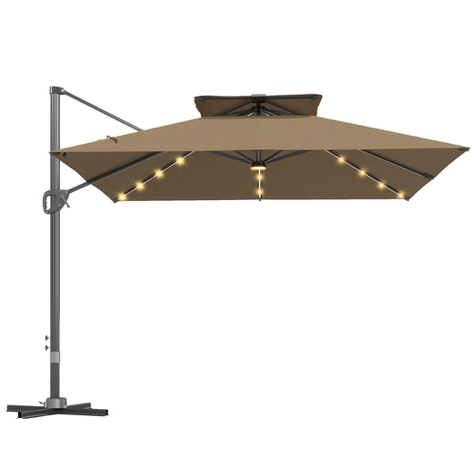 Photo of Outsunny Multi-Angle LED Light Parasol Umbrella - Khaki in Khaki colour on a white background