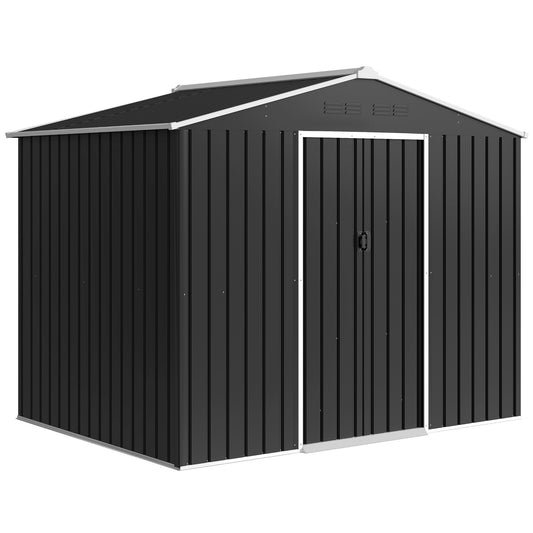 Photo of Outsunny 8 x 6ft Galvanised Steel Shed, with Double Door - Dark Grey in Grey colour on a white background