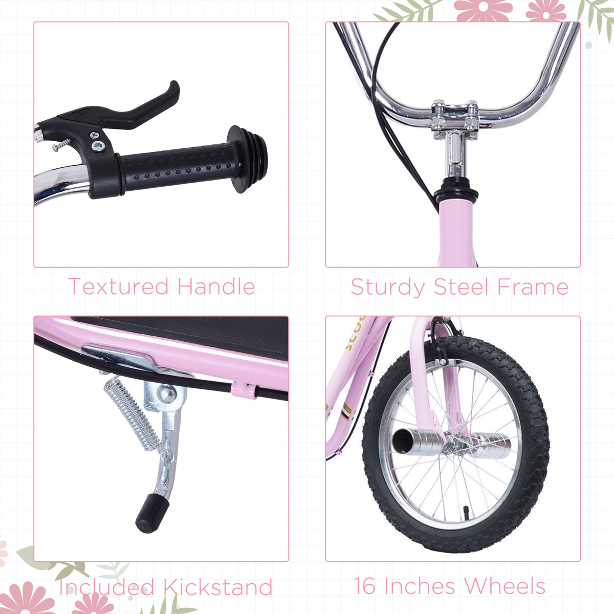 Pink HOMCOM kids scooter details: textured handle, steel frame, kickstand, and 16-inch wheel
