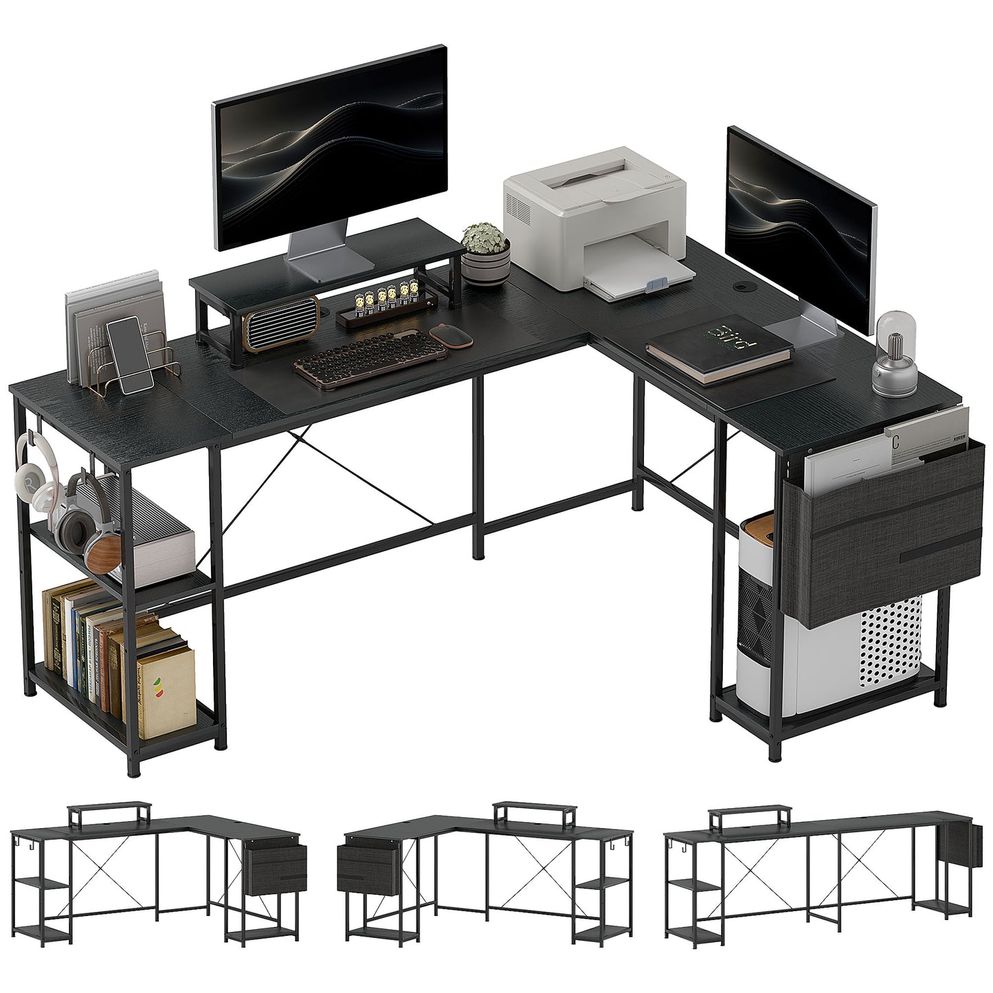 Photo of HOMCOM 168cm Reversible L Shaped Desk, Industrial Corner Computer Desk with Adjustable Shelf and Storage Bag, 240cm 2 Person PC Table with Monitor Stand, Black in Black colour on a white background