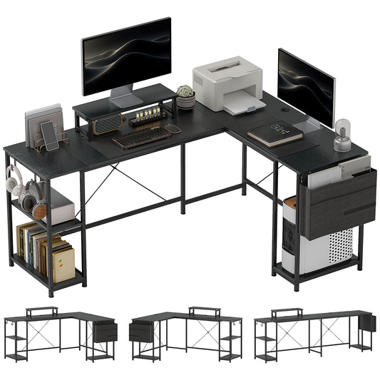 Photo of HOMCOM 168cm Reversible L Shaped Desk, Industrial Corner Computer Desk with Adjustable Shelf and Storage Bag, 240cm 2 Person PC Table with Monitor Stand, Black in Black colour on a white background