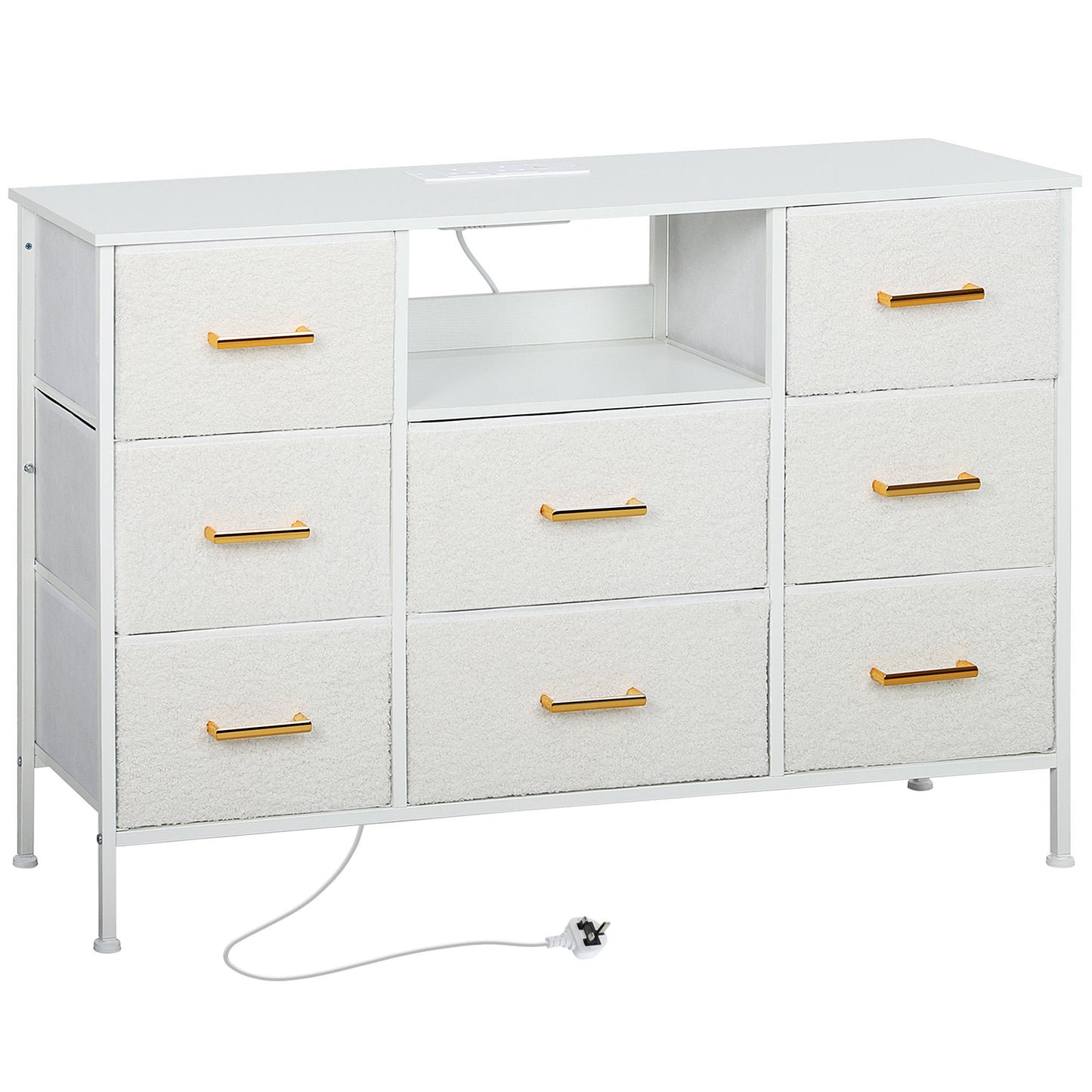 Photo of HOMCOM Boucle Chest of Drawers, 8 Fabric Drawers Storage Organiser with Charging Station, 2 USB and 2 AC Ports, Steel Frame, Fabric Dresser for Living Room, Bedroom, Hallway, Cream White in White colour on a white background