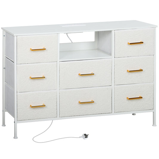 Photo of HOMCOM Boucle Chest of Drawers, 8 Fabric Drawers Storage Organiser with Charging Station, 2 USB and 2 AC Ports, Steel Frame, Fabric Dresser for Living Room, Bedroom, Hallway, Cream White in White colour on a white background