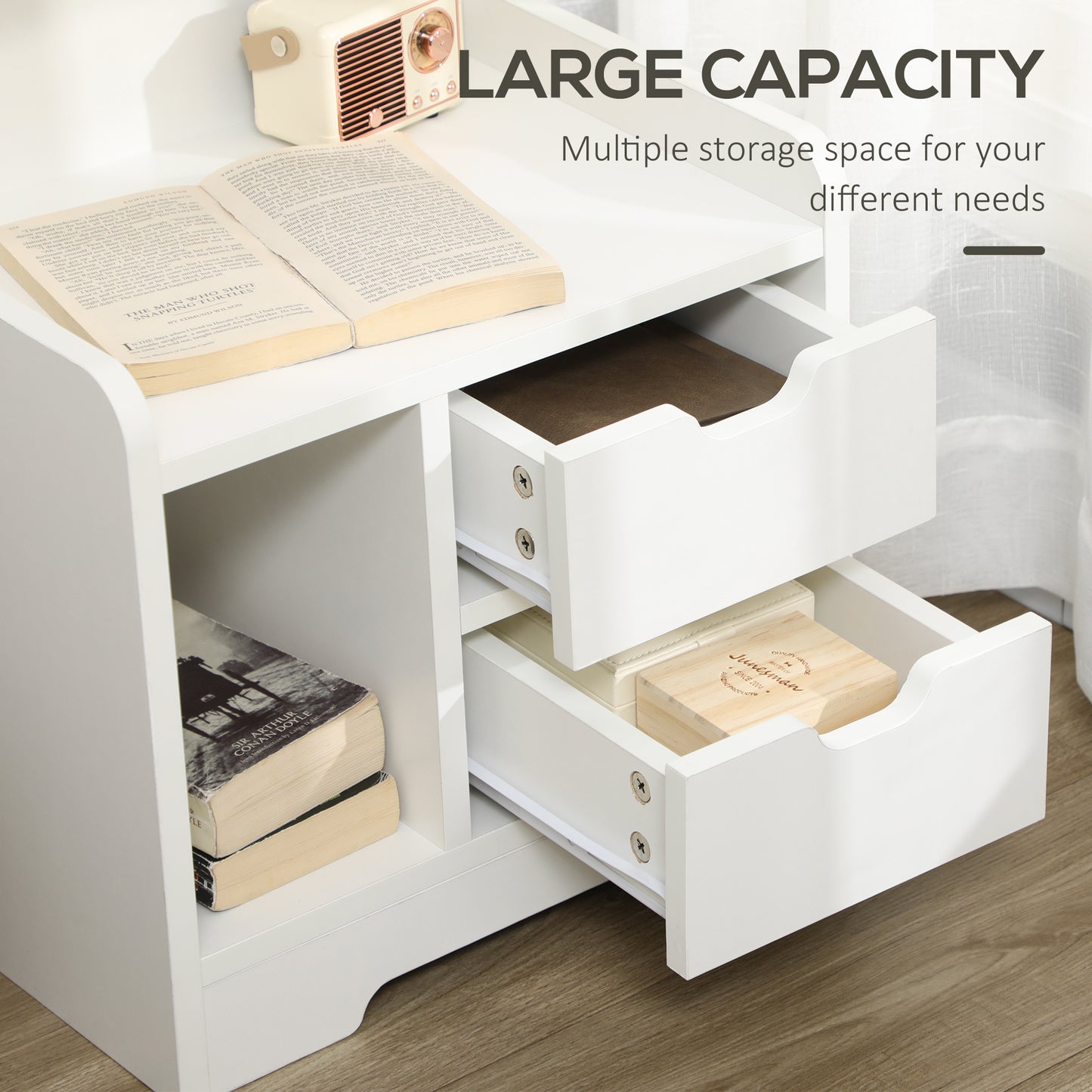 HOMCOM Bedside Table, Small Bedside Cabinet with 2 Drawers and Storage Shelves, Modern Nightstand for Bedroom, White