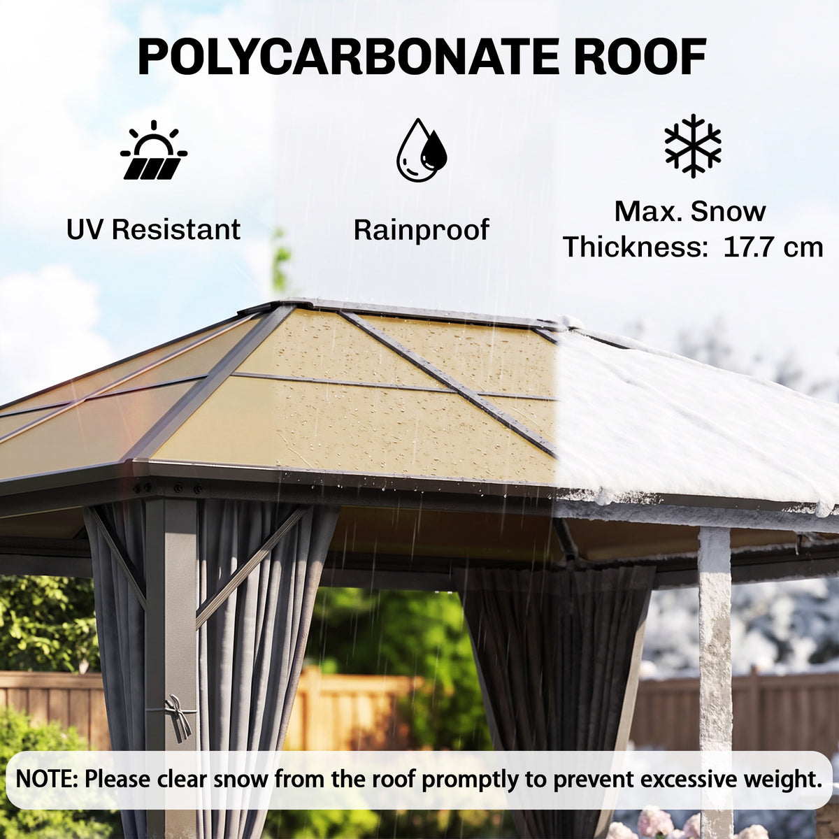 Outsunny gazebo polycarbonate roof shown with rain and snow, highlighting weather resistance