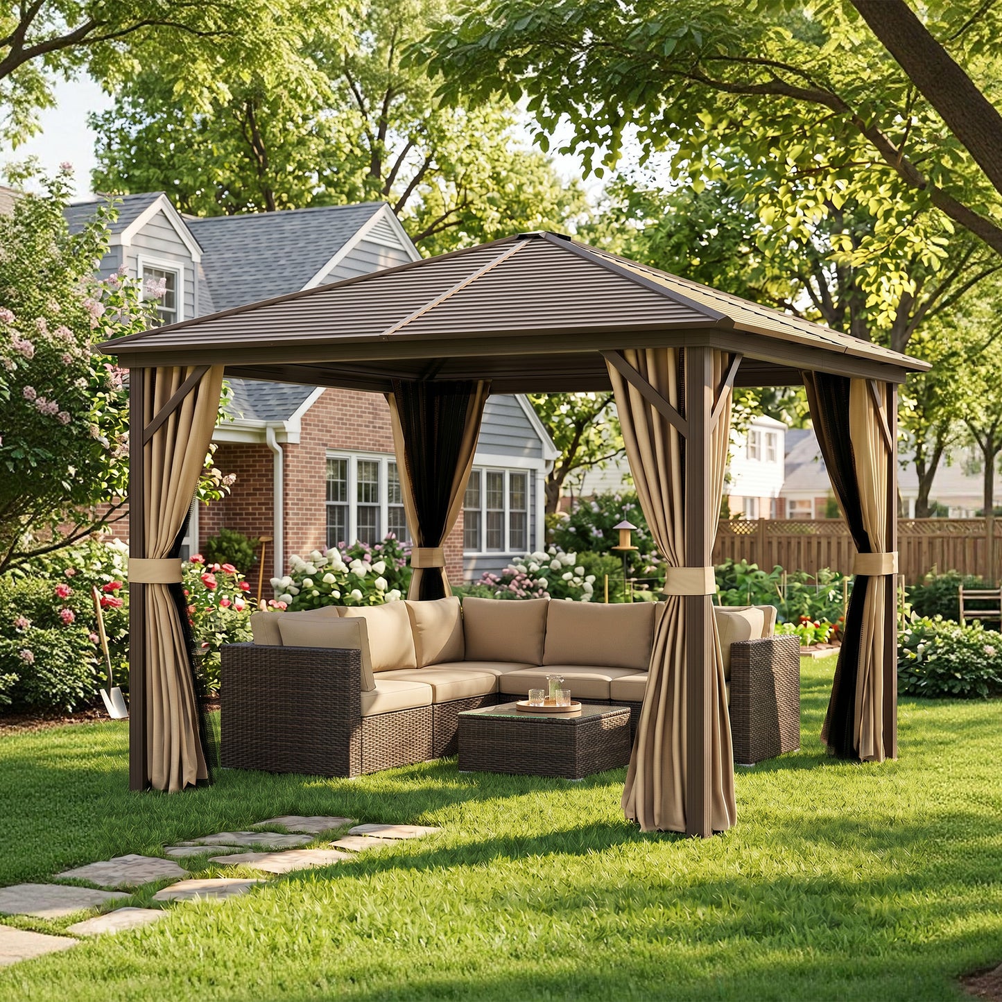 Outsunny 3 x 3(m) Metal Hardtop Gazebo, with Curtains and Accessories - Brown