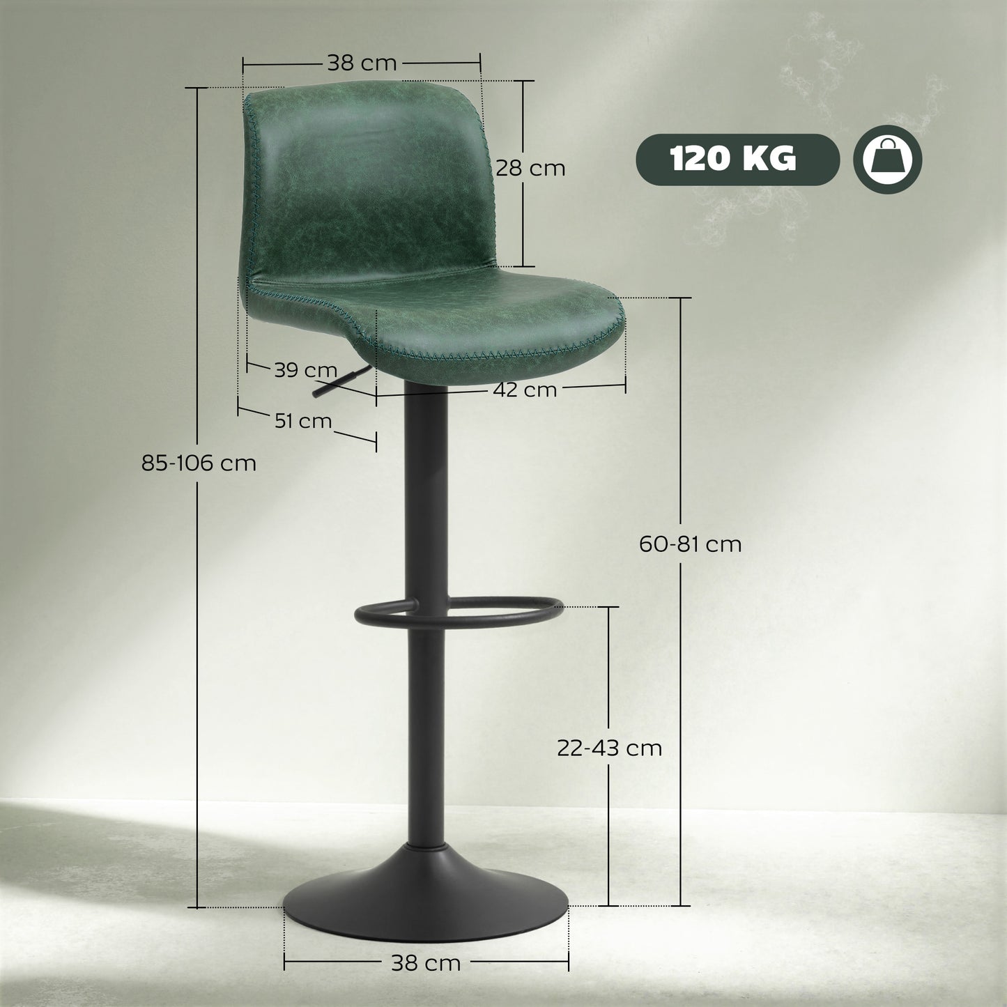 HOMCOM Bar Stools Set of 2, PU Leather Barstools with Backrest and Footrest for Kitchen, Counter, Breakfast Bar, Green