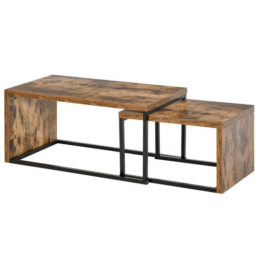 Photo of HOMCOM Nesting Coffee Table Set of 2, Industrial Stacking Side End Tables with Metal Frame for Living Room, Bedroom, Rustic Brown in Brown colour on a white background