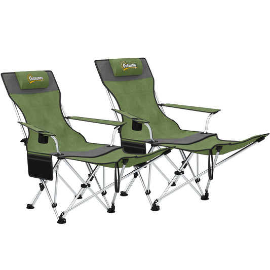Photo of Outsunny Set of 2 Reclining Folding Camping Chair w/ Detachable Footrest, Storage Bag, Cup Holder & Headrest, Lightweight Portable Camp Chair for Beach, Picnic, Olive Green and Grey in Grey colour on a white background