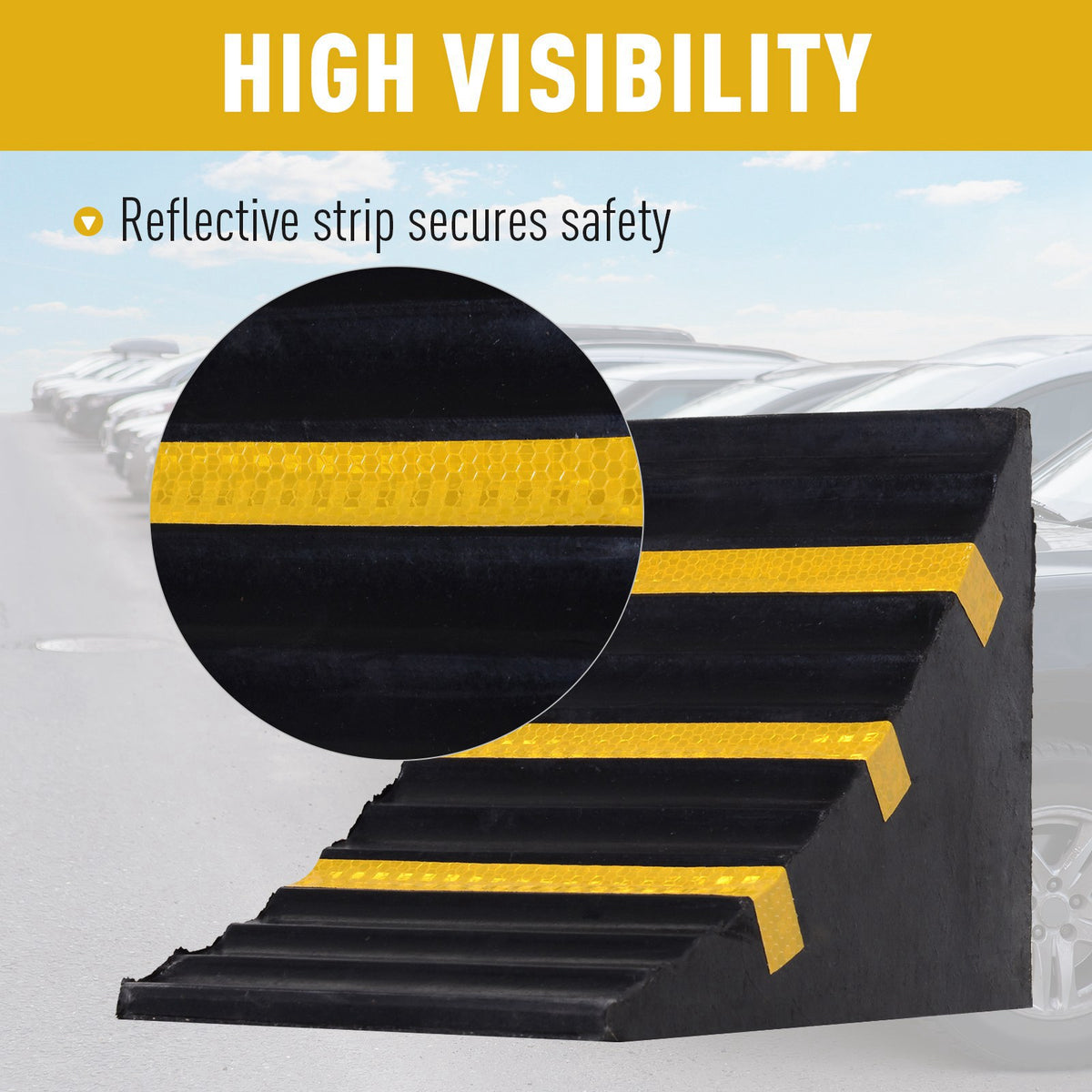 Rubber wheel chock with three yellow reflective strips on its ridged black surface