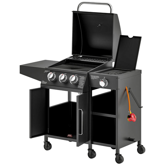 Photo of Outsunny 3+1 Burner Gas BBQ Grill with Storage Cabinet and Shelves, 9.5 kW Gas Barbecue Trolley with 6 Castor Wheels, Warming Rack, Thermometer for Outdoor Cooking Garden Party, Black in Black colour on a white background