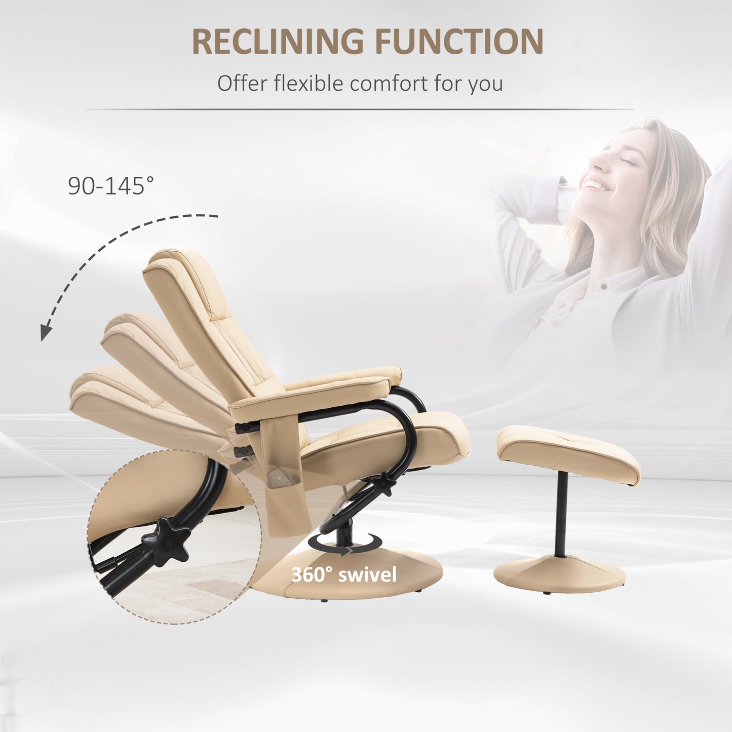 HOMCOM Swivel Recliner Chair and Footstool, Faux Leather Massage Recliner Armchair with Remote Control and Round Wrapped Base, Beige