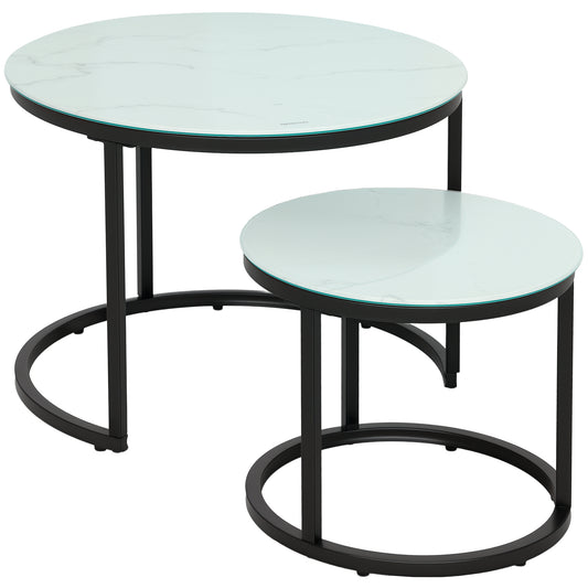 Photo of HOMCOM Glass Coffee Table Set of 2, Round Nest of Tables with Marble-Effect Tempered Glass Tabletop and Steel Frame, Modern Side Tables for Living Room, White in White colour on a white background