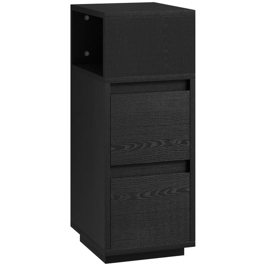 Photo of HOMCOM Slim Bedside Table, Narrow Bedside Cabinet with Open Shelf and 2 Drawers for Bedroom, Living Room, Black in Black colour on a white background